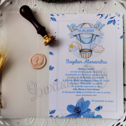 Invitatie de Botez Deosebita Sigiliu cu Model floral si Balon Dirijabil