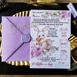 Invitatie de Botez Eleganta cu Sigiliu Model Floral Roz si Jucarii Bebe