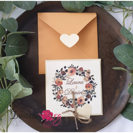 Invitatie de nunta rustica cu flori pastel si iuta