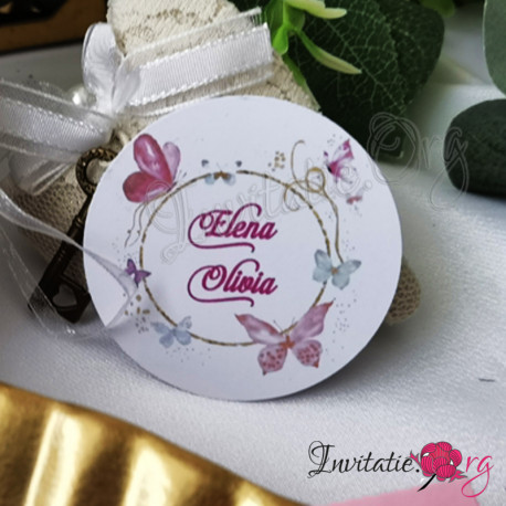 Eticheta Marturii Coronita Eleganta cu Fluturasi Roz