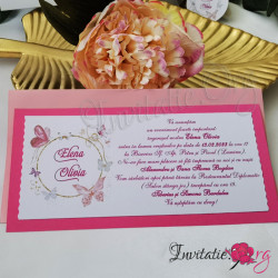 Invitatie de Botez Eleganta cu Fluturasi Roz Pastel
