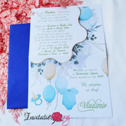 Invitatie Botez Elegant Watercolor Body Baloane si Suzeta Bleu