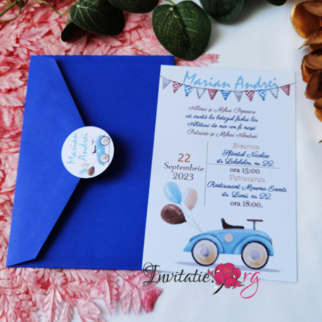 Invitatie de Botez Deosebita Masinuta Vintage Bleu cu Baloane