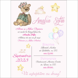 Invitatie de botez digitala cu ursulet fetita cu floricele