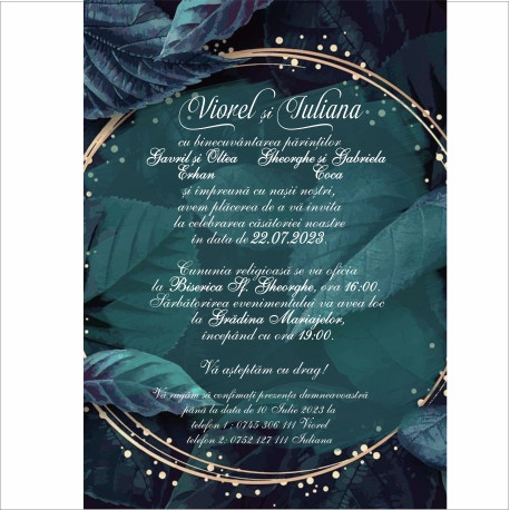 Invitatie Nunta Electronica Frunze Verde Smarald si Design Auriu