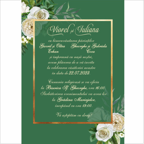 Invitatie Nunta Electronica Verde Vintage Trandafiri si Accente Aurii
