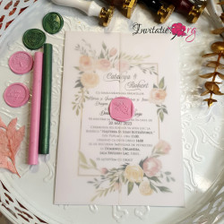 Invitatie de nunta flori pastel cu sigiliu si hartie de calc