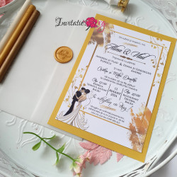 Invitatie de nunta gold elegant cu miri si sigiliu