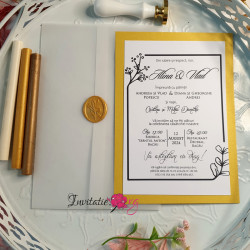 Invitatie de nunta auriu cu negru si frunzulite elegante
