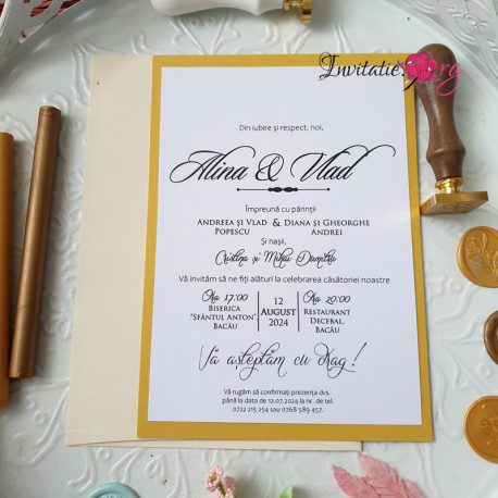 Invitatie de nunta Simple Gold cu plic ivoire