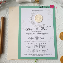 Invitatie de nunta cu frunze verzi si sigiliu de ceara ivoire