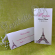Meniu nunta elegant Turn Eiffel cu flori roz
