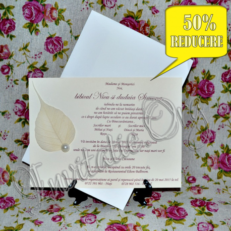 Invitatie handmade cu frunza si perla
