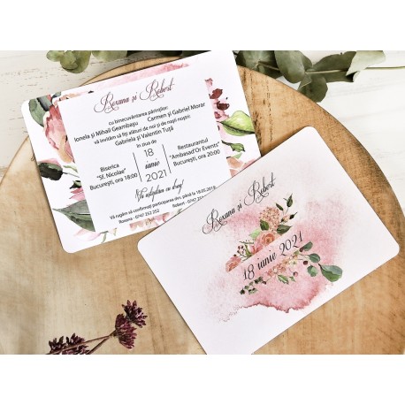 Invitatie de Nunta Elegnata cu Model Floral roz acuarela 39781