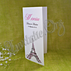 Meniu nunta elegant Turn Eiffel cu flori roz