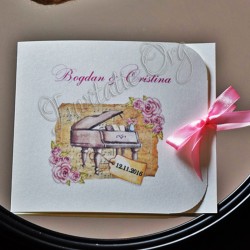 Invitatie Romantica cu model trandafiri Shabby Chic si Pian